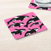 Orca Whales on Pink Square Paper Coaster