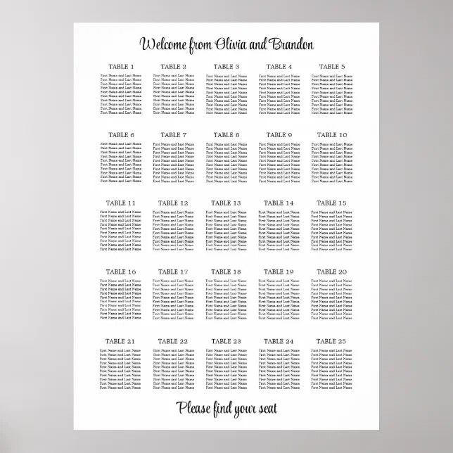 Stylish 25 Table Wedding Seating Chart Poster