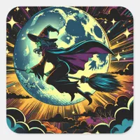 A Witch and a Full Moon Halloween Party Square Sticker