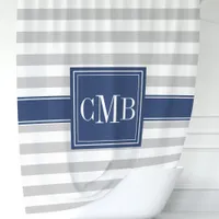 Personalized Navy and Gray Striped  Shower Curtain