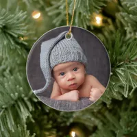 Baby's First Christmas Photo Blue Name Ceramic Ornament