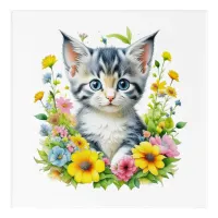 Watercolor Kitten Flowers Christmas Acrylic Print