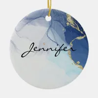 Marvellous Teal Mint Sage  Cobalt Blue Marble   Ceramic Ornament