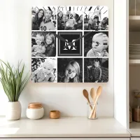 Black Monogram Family Photo Collage Square Wall Clock