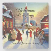 Kitsch Christmas Greetings Village Churchgoers Stone Coaster