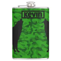 Modern Green Camo Black Wolf Silhouette Monogram | Flask