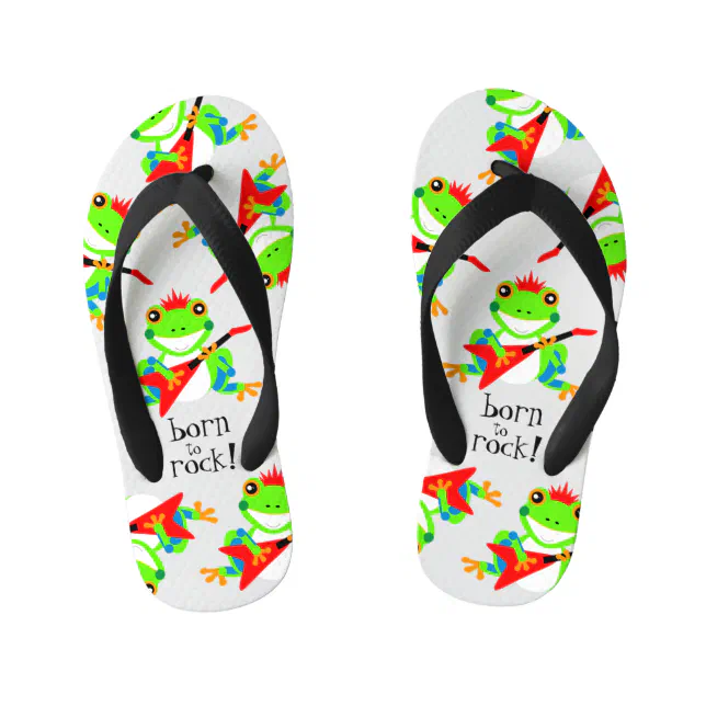 Cute Born to Rock Tree Frogs with Red Guitars Kid's Flip Flops