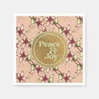 Peace & Joy, Pink Green Gold Poinsettia Christmas Napkins