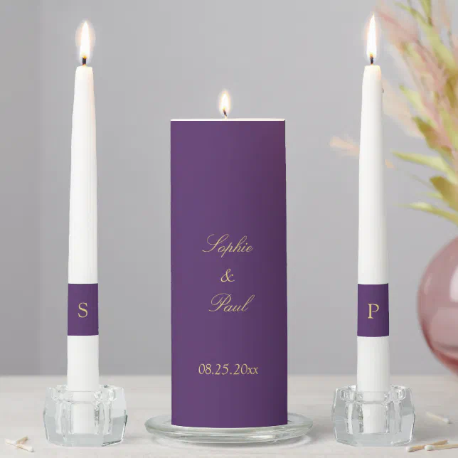 Purple Golden Beige Wedding Unity Candle Set