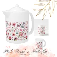 Feminine Pink Flowers and Butterflies Teapot