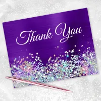 Girly Bright Indigo Purple Foil Holo Glitter Thank You Card