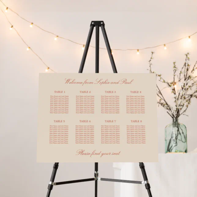 Terracotta Script 8 Table Wedding Seating Chart Foam Board