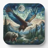 Mosaic Bear and Eagle in the Mountains  Paper Plates
