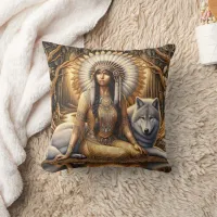 Native American Woman Sitting With a Wolf Throw Pillow