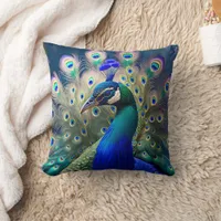 Gorgeous peacock with teal and gold plumage throw pillow