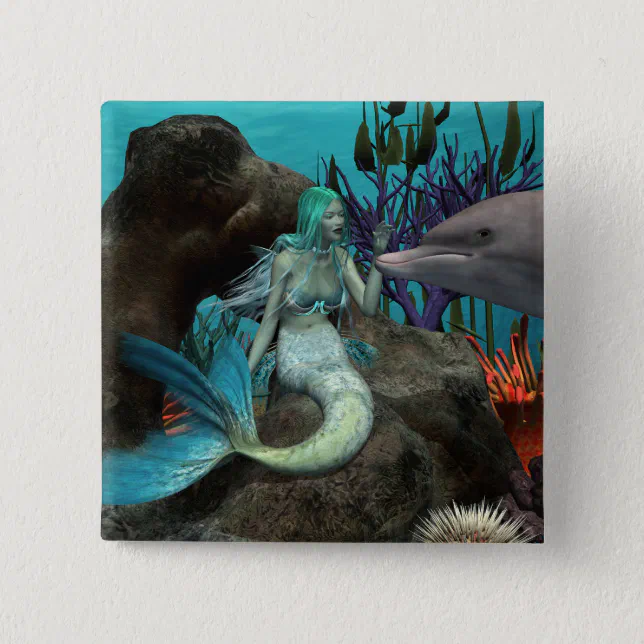 Mermaid and Dolphin Under the Sea Button
