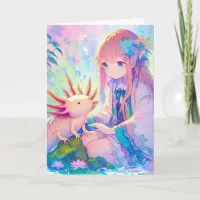 Anime Girl and an Axolotl Personalized Birthday Card