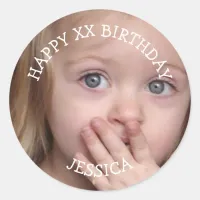 Personalized Happy Birthday Age and Photo Classic Round Sticker