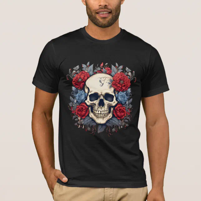 Vintage Skull Blue & Red Roses | Halloween Black T-Shirt