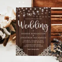 Rustic Wood and String Lights Lace Wedding Invitation