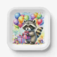 Cute Watercolor Cartoon Raccoon Birthday Paper Plates