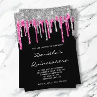 Silver Hot Pink Glitter Drips Black Quinceañera Invitation