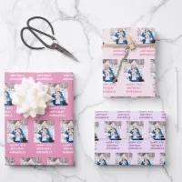 Happy Birthday Girly Name And Photo Pink And Lilac Wrapping Paper Sheets