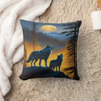 Wolves Howl at Full Moon in Forest Throw Pillow