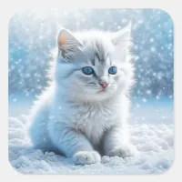 Little White Kitten in Snow Christmas Square Sticker