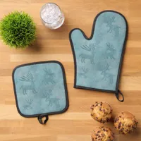 Southwest Winter Deer Petroglyphs Blue Oven Mitt & Pot Holder Set