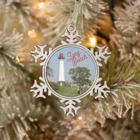 Guiding Lights: Long Beach Lighthouse Serenity Snowflake Pewter Christmas Ornament