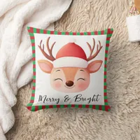 Cute Reindeer Christmas White Red & Green Stripe Throw Pillow