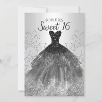 Silver Black Glitter Dress Sweet 16 birthday Invitation