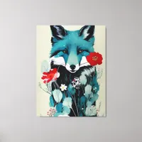 Blue Fox Red and White Flowers Canvas Print