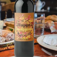 Happy Thanksgiving Watercolor Fall Leaves Wreath Wine Label