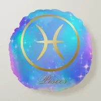 Zodiac Sign Pisces Gold on Colorful Background | Round Pillow