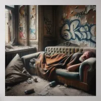 Homeless Man Napping in Abandoned Building   Poster