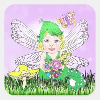 Whimsical Little Elf Fairy, Mushroom and Butterfly Square Sticker