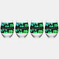 Irish Shamrock Green Blue Watercolor Custom Name  Stemless Wine Glass