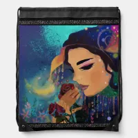 Whimsical women with roses drawstring bag