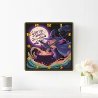 A witch brews potions under a full moon square wall clock