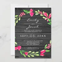 Pink Floral Rustic Dark Gray Wood Country Wedding  Announcement