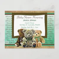 Cute Teddy Bear Themed Boy's Baby Shower Invitation Postcard