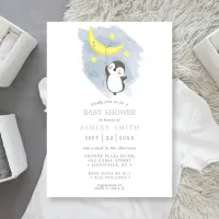 Penguin Moon Winter  Watercolor Baby Shower Invitation