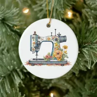 Pretty Floral Antique Sewing Machine Christmas Ceramic Ornament