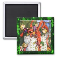 Merry Elves Wrapping Present Button Magnet