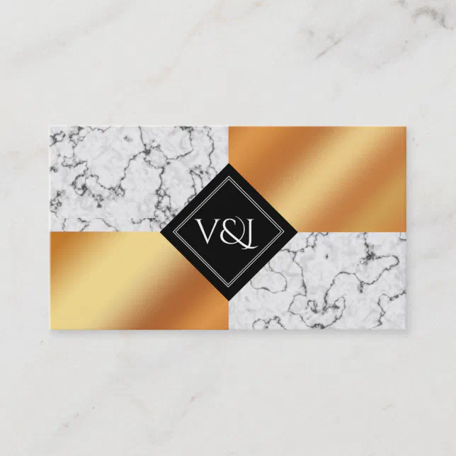 Elegant Marble & Copper Foil Monogram Wedding Business Card