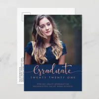 Navy Blue Rose Gold Foil Graduation Script Photo Announcement Postcard