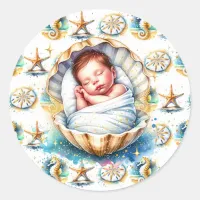 Coastal Themed Beachy Boy's Baby Shower Classic Round Sticker