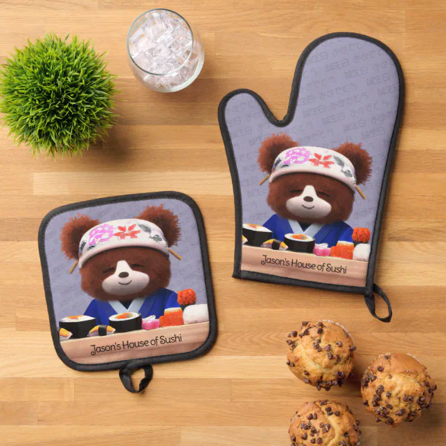 Cute Teddy Bear Sushi Chef Oven Mitt & Pot Holder Set